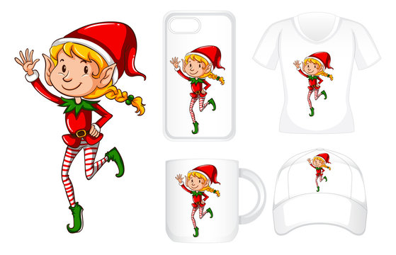 Graphic design on different products with christmas elf