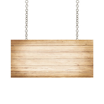 close up of a wooden sign with chain on white background with clipping path
