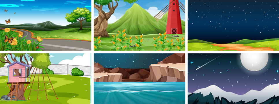 Set of 6 nature scenes in parks day and night