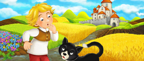 Plakat Cartoon scene - cat traveling to the castle on the hill with young boy farmer - illustration for children