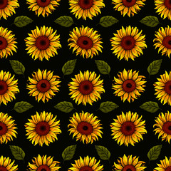 sunflowers, buds, flowers, flora, bright, orange, pattern, seamless