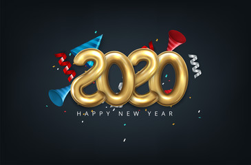 Vector realistic 2020 balloons in 3D style in gold color. Design of greeting card, banners, posters, headline