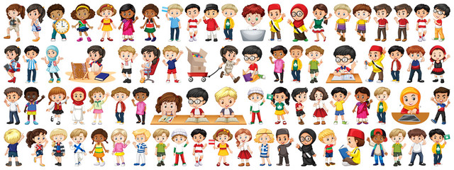 Children with different nationalities on white background - obrazy, fototapety, plakaty