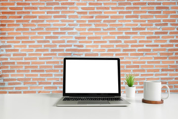 Workspace desk and laptop. copy space and blank screen. Business image, Blank screen laptop and supplies.