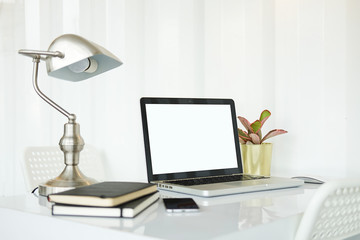 Workspace desk and laptop. copy space and blank screen. Business image, Blank screen laptop and supplies.