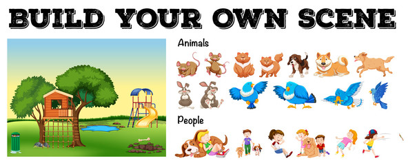 Set of isolated animals and people with playground scene