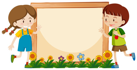 Frame template with happy boy and girl in garden