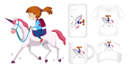 Fototapeta premium Graphic design on different products with girl riding unicorn