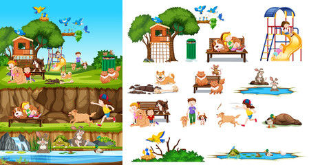 Set of isolated animals and kids with background scene