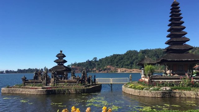Aerial view of Ulun Danu Beratan Lake Temple in Bali Indonesia, Bali's most Iconic Temple.