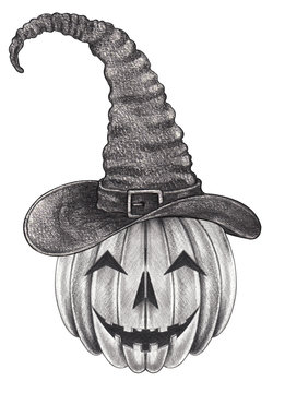 Art Witch Pumpkin Skull Halloween Day.Hand drawing on paper.