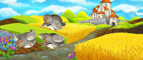 Obraz na płótnie Canvas Cartoon scene - flying birds near the castle on the hill - illustration for children