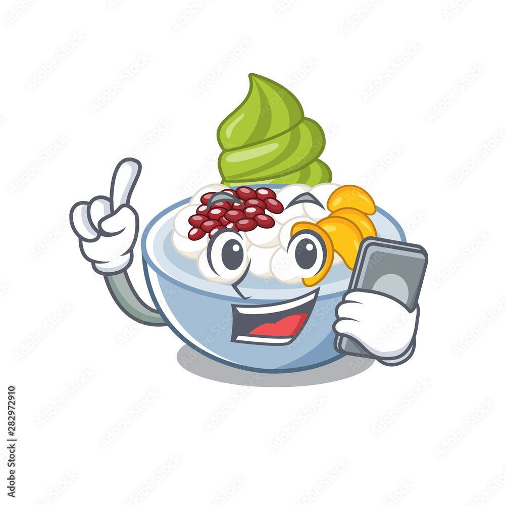 Sticker with phone anmitsu is served in cartoon bowl