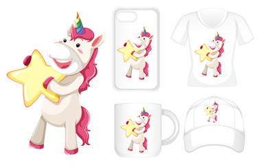 Graphic design on different products with unicorn and star