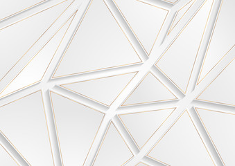 Paper grey and white triangles with golden bronze outlines. Abstract low poly geometric background. Hi-tech luxury vector design