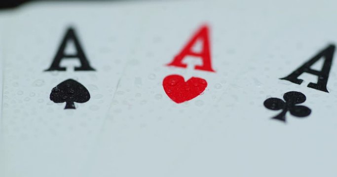 Macro detail shot of top of playing cards with all four aces hearths diamonds space cross lying on an elephant while moving as the cards slowly expose from the side.
