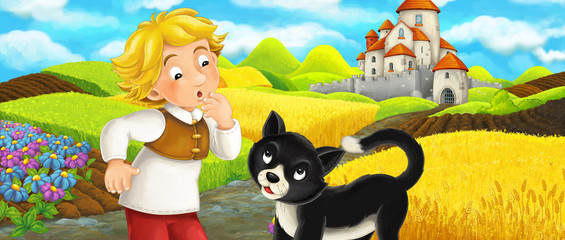 Cartoon scene - cat traveling to the castle on the hill with young boy farmer - illustration for children