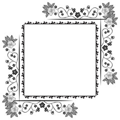 Black white flower frame, isolated on a white backdrop, for greeting cards design. Vector