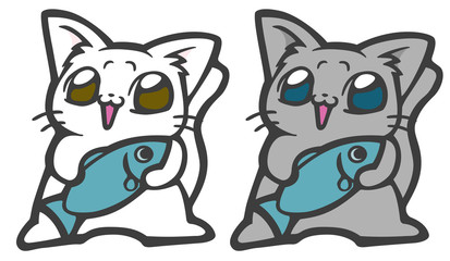 魚を持った猫のイラスト（白猫とグレーの猫）