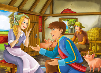 Obraz na płótnie Canvas Cartoon scene with princess and prince or king and farmer rancher in the barn pigsty illustration for children