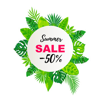 Summer sale banner with tropical leaves. Place for text. Template for poster, web, invitation, flyer. Flat style design. Circle concept.