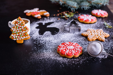 Obraz na płótnie Canvas Christmas homemade gingerbread cookies on a dark background