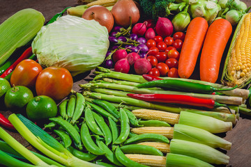 Backgroud of fresh food tasty and healthy varis vegetables are on the wooden table