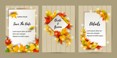 Wedding invites set with falling leaves. Autumn background vector illustration. Place for text. Great for party invitation, seasonal autumn sale, wedding, web, fall festival, Happy Thanksgiving.