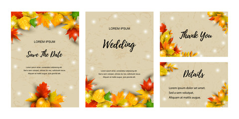 Wedding invites set with falling leaves. Autumn background vector illustration. Place for text. Great for party invitation, seasonal autumn sale, wedding, web, fall festival, Happy Thanksgiving.