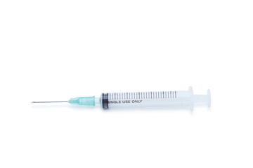 Blank plastic syringe with injection needle isolated on white background