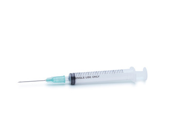 Blank plastic syringe with injection needle isolated on white background