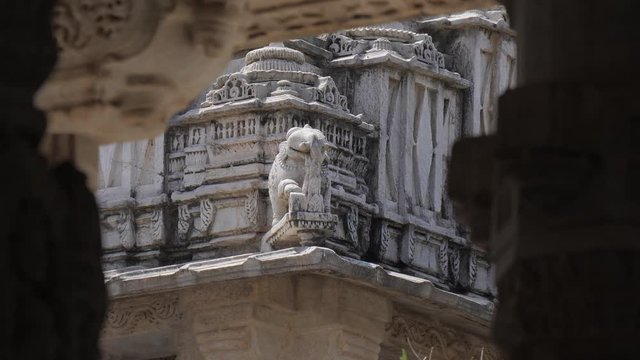 Ranakpur Jain temple in India - ornate detail of white marble carvings