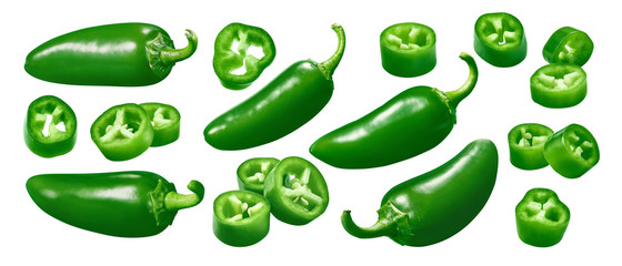 Green chili pepper set isolated on white background