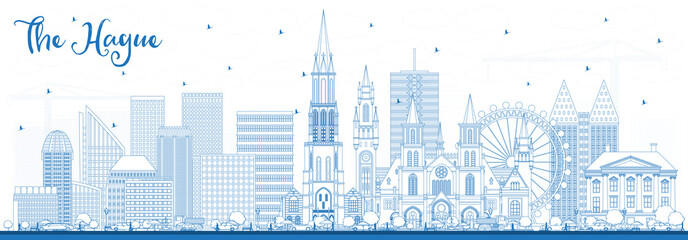 Outline The Hague Netherlands City Skyline with Blue Buildings. - obrazy, fototapety, plakaty