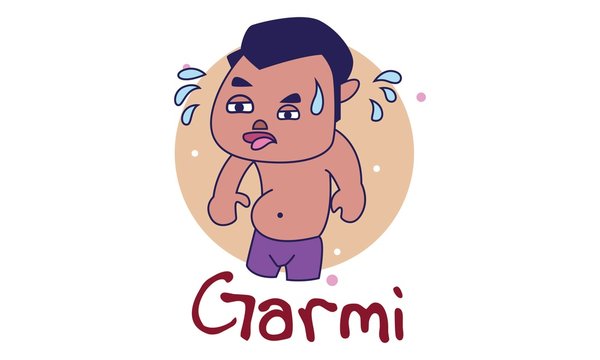 Vector cartoon illustration of shirtless boy sweating. Lettering garmi hindi  text translation - Heat. Isolated on white background. Stock Vector | Adobe  Stock