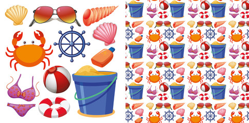 Seamless background design with isolated set of beach objects