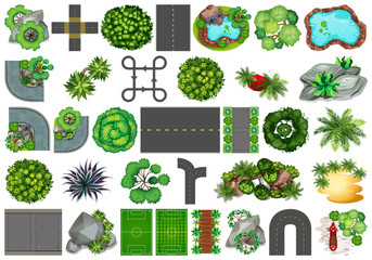 Collection of outdoor nature themed objects and plant elements