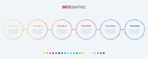 Colorful diagram, infographic template. Timeline with 6 options. Rounded workflow process for business. Vector design.