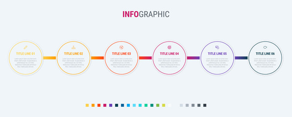 Timeline infographic design vector. 6 steps, rounded workflow layout. Vector infographic timeline template.