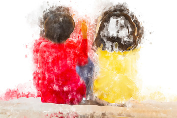 Abstract painting of children on white background, digital watercolor painting