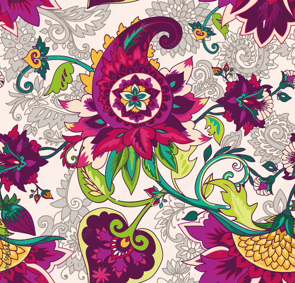 Poster paisley. seamless textile floral pattern with oriental paisley ornament.