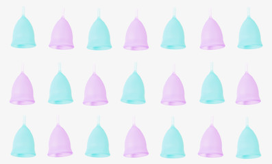 Purple and aqua menstrual cups arranged in grid isolated on white background