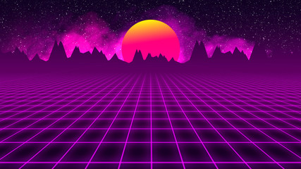 background retro 1980 , sun between mountains silhouette and sky whit stars whit grid and smoke. Illustration