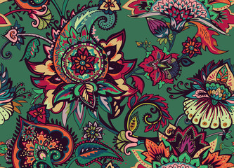 Paisley. Seamless Textile floral pattern with oriental paisley ornament.