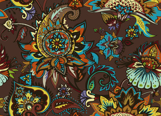 Paisley. Seamless Textile floral pattern with oriental paisley ornament.