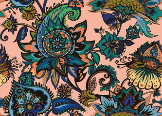 Paisley. Seamless Textile floral pattern with oriental paisley ornament.