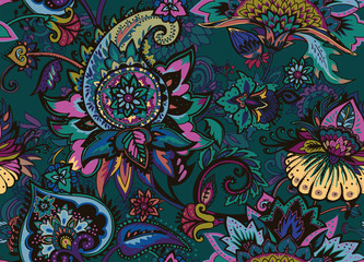 Paisley. Seamless Textile floral pattern with oriental paisley ornament.