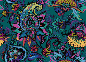 Paisley. Seamless Textile floral pattern with oriental paisley ornament.