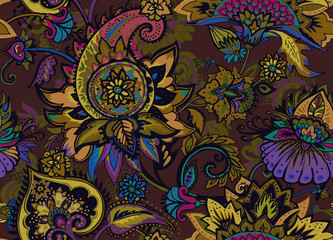 Paisley. Seamless Textile floral pattern with oriental paisley ornament.
