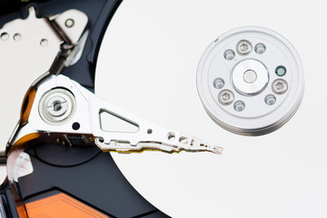 close up view inside an open hard disk drive